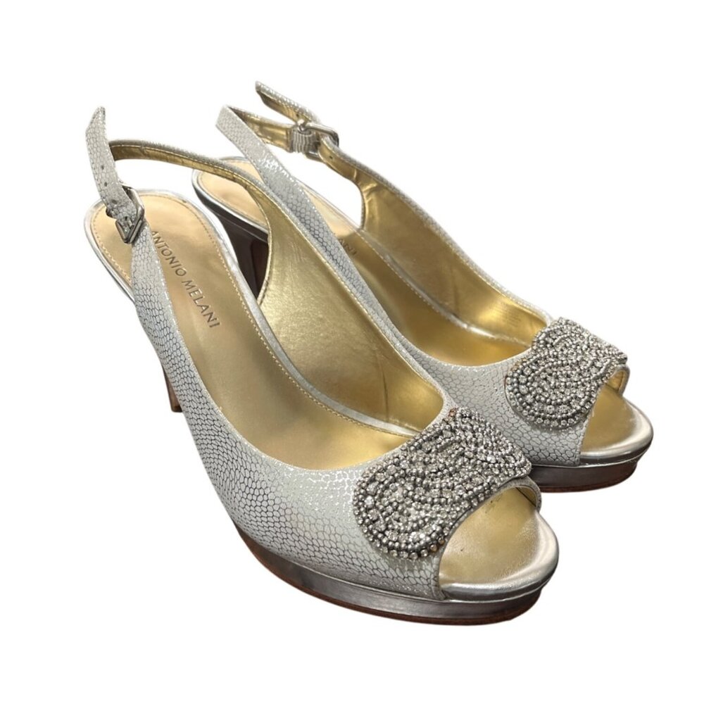 Antonio Melani Silver Peep-Toe Slingback Heels Embellished Evening Wedding Size